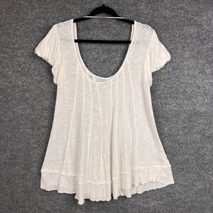 We The Free White Short Sleeve Linen Blend Top Ruffle Hem Boho Casual Women's‎ S